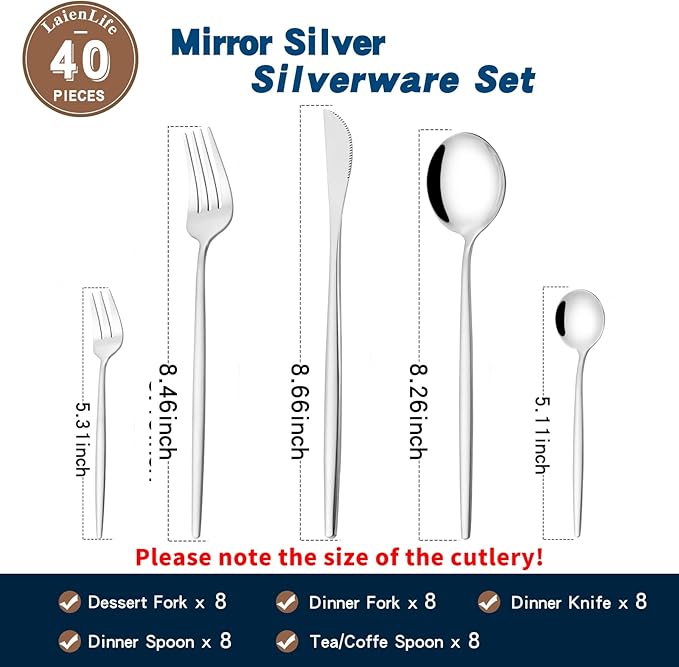 Mirror Modern Flatware Set for 8, 40-Piece Stainless Steel Silverware Set, LaienLife Unique Utensils with Long Forks Spoons and Knives Sets, Great for Home and Restaurant, Dishwasher Safe - Silver