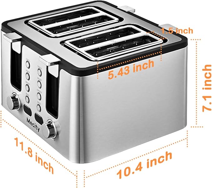 Mecity 4 Slot Stainless Steel Toaster - 4 Slice With Warming Rack, Cool to Touch, Bagel/Defrost/Reheat Functions, Removable Tray, 6 Browning Settings, Extra Wide Slots, 1500W