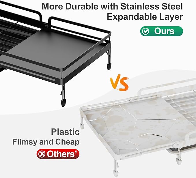 GSlife Large Expandable Dish Drying Rack - Dish Rack for Kitchen Counter with Metal Extension, Large Capacity(16.5" ~ 24.4" L) Dish Drainer with Pan Slots, Cup Holders, Black