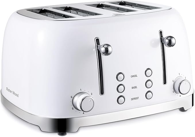 Roter Mond 4 Slice Toaster Retro Stainless Steel with Bagel Defrost Cancel Function, 6 Browning Settings, Extre Wide Slot and Removable Crumb Tray, White, ST033