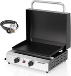 2 Burner BBQ Gas Griddle with Hood, 17.3 Inch Stainless Steel Portable Detachable Propane Griddle, 30,000 BTU Flat Top Barbecue Grill with Lid for Camping