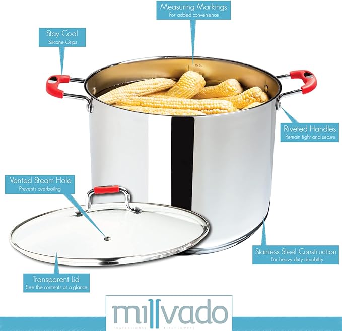 Stock Pot, 8.4 Quart Stainless Steel, Large StockPot With Clear Glass Lid, Steam Hole, Permanent Measurement Markings, Gas, Electric and Induction Compatible Boiling Pot