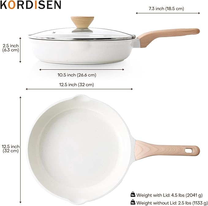 Kordisen Nonstick Ceramic Frying Pan with Lid, 12.5 Inch Ceramic Large Skillet with Lid, Healthy Non Toxic Cooking Pan, Stay-Cool Handle, Induction Compatible, PFOA & PFAS Free, White