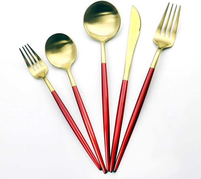 Gugrida Red Gold Flatware, Royal 20 Pieces Matte White Handle 18/10 Stainless Steel Tableware Sets for 4 Including Forks Spoons Knives, Camping Silverware Travel Utensils Set Cutlery (Red Gold)