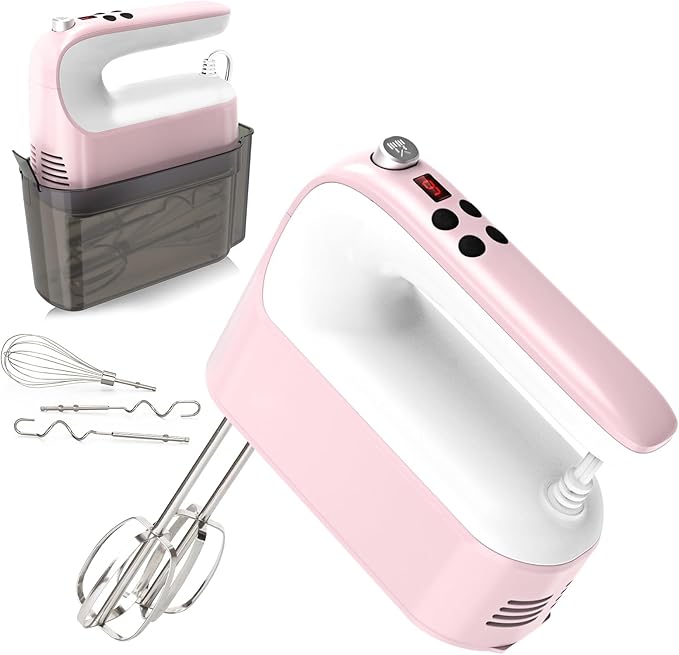 9-Speed Digital Hand Mixer Electric, 400W DC Motor, Hand Mixer electric Handheld with Snap-On Storage Case, Touch Button, Turbo Boost, 5x Stainless Steel Accessories (Pink)