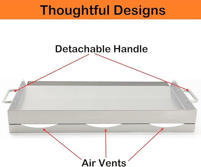 Universal Stainless Steel Griddle Flat Top Plate Grill-Top Griddle Pan with Even Heating Cross Bracing for BBQ Charcoal/Gas Grills, Camping, Tailgating, and Parties (23"*16")