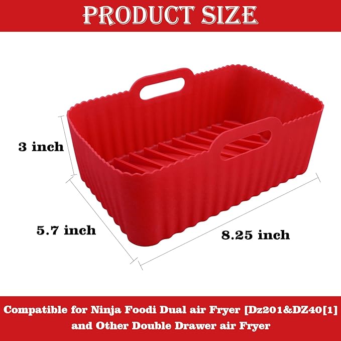 WMKGG Silicone Air Fryer Liners, 2PCS Reusable Rectangular Air Fryer Silicone Liners, Non-Stick Basket Accessories for Ninja Foodi Dual DZ201/DZ401 8-10QT