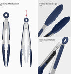 600ºF Heat Proof Kitchen Tong: U-Taste 7" Silicone Cooking Tong with Firm Sealed Non Stick Rubber Tips & Silicon Coated 18/8 Stainless Steel Handle & Smooth Locking for Serving Salad (Midnight Blue)