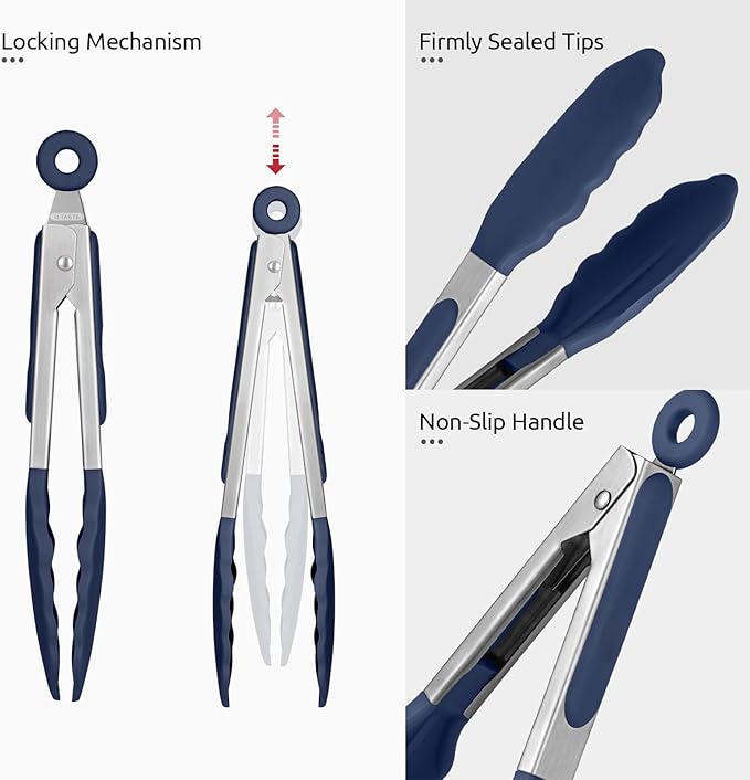 600ºF Heat Proof Kitchen Tong: U-Taste 7" Silicone Cooking Tong with Firm Sealed Non Stick Rubber Tips & Silicon Coated 18/8 Stainless Steel Handle & Smooth Locking for Serving Salad (Midnight Blue)