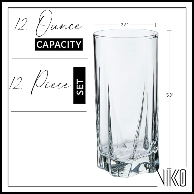 Vikko Drinking Glasses, 12 Oz Drinking Glasses Set of 12, Crystal Clear Glass Cups for Water or Juice, Highball Glass Tumbler & Water Glasses for Drinking…