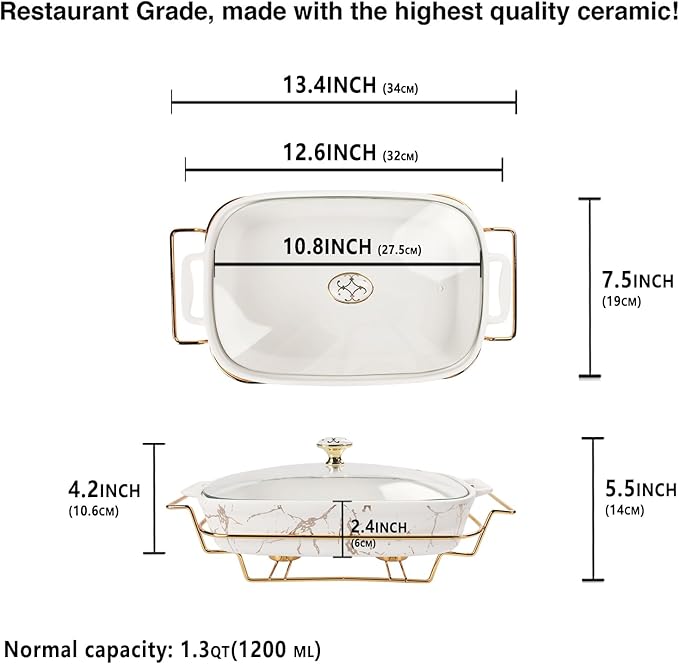 11" x 7" Ceramic Casserole Dish with Glass Lid and rack, 1.3 Quart Serving Soup Tureen,Chafing Dish for Buffet, Family Food preserve Tray, Catering Casserole for Party Style