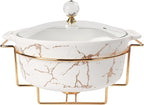 9-inch Ceramic Casserole with Glass Lid and Gold Rack, 2.6-Quart Stockpot, Buffet Hot Pot, Family Food Warming Tray, Party Catering Casserole