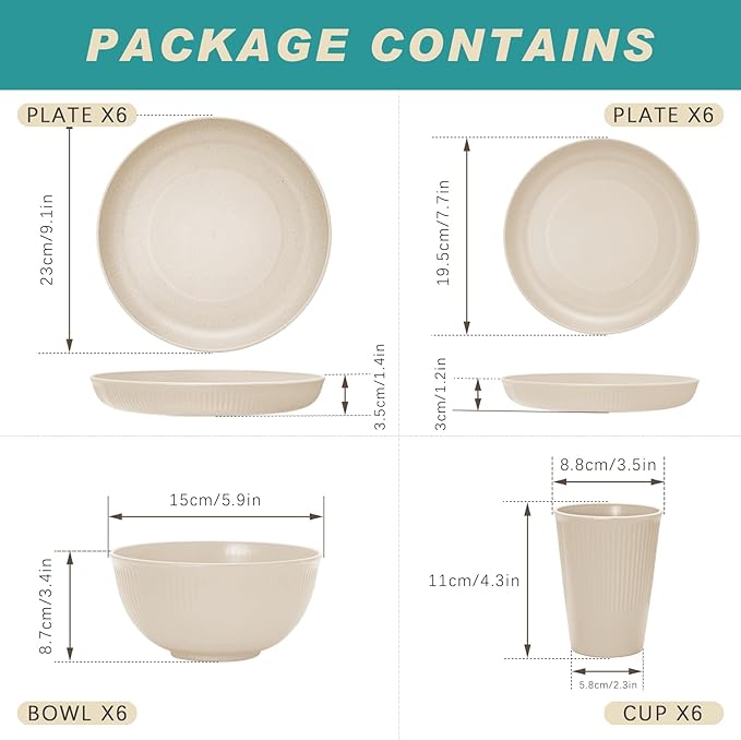 Wheat Straw Dinnerware Sets for 6, Osonm 24PCS Unbreakable Reusable Plastic Plates Bowls Cups Set, Dishwasher Microwave Safe Dishes Set for Kitchen, Dorm, Camping, RV, Picnic (Beige)