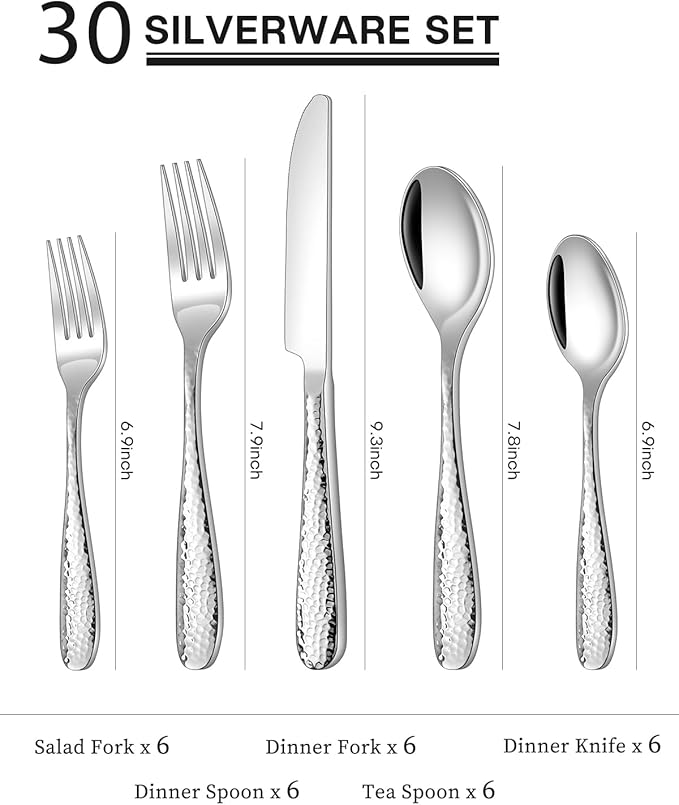 Hammered Silverware Set, Ollex Silver 30PCS Flatware Set for 6 Mirror Finish Stainless Steel Eating Utensils Sets Include Forks Spoons and Knives Tableware Kitchen Cutlery Sets, Dishwasher Safe