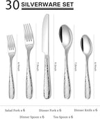 Hammered Silverware Set, Ollex Silver 30PCS Flatware Set for 6 Mirror Finish Stainless Steel Eating Utensils Sets Include Forks Spoons and Knives Tableware Kitchen Cutlery Sets, Dishwasher Safe