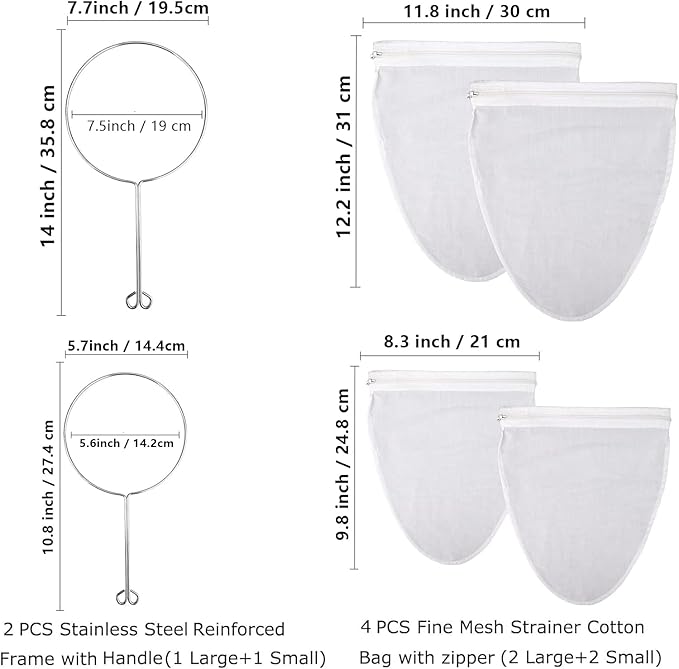 WMKGG Ultra Fine Mesh Strainer Bags, Reusable Mesh Filter Bags with Stainless Steel Handle Frame for Filter NutMilk, Coffee, Milk, Butter, Juices and Fresh Cheese (Large + Small)