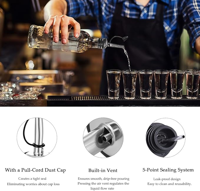 24 Pack Leak-Proof Dust Cap Wine Pourers,Stainless Steel Bottle Pourers for Alcohol, Olive Oil & Syrups- Fast, Controlled Pouring,Bar & Home Kitchen Accessories