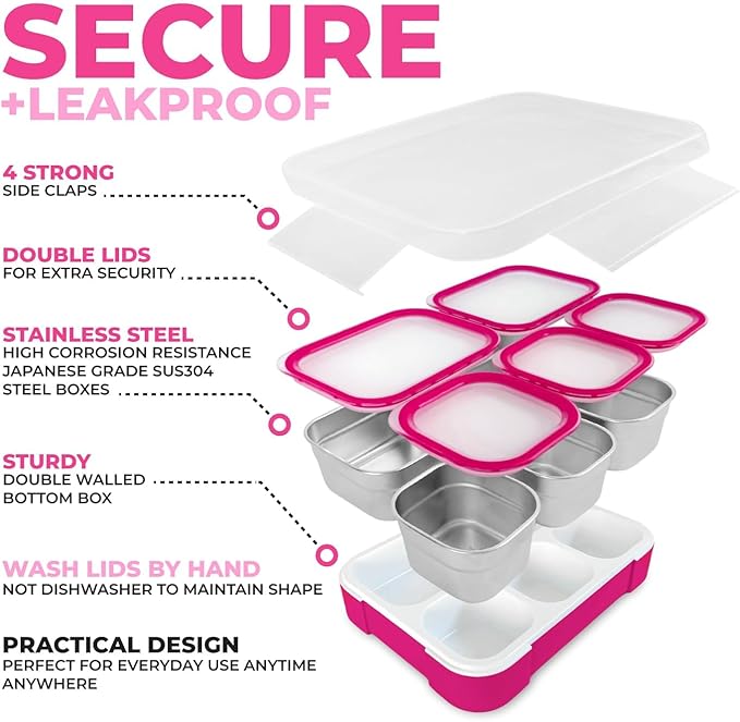Stainless Steel Bento Lunch Box Set for Adults, Kids - Insulated Bag and Ice Pack - Leak-Proof Metal Compartment Meal Prep Food & Snack Containers for Work Travel School Daycare, 34 oz Pink