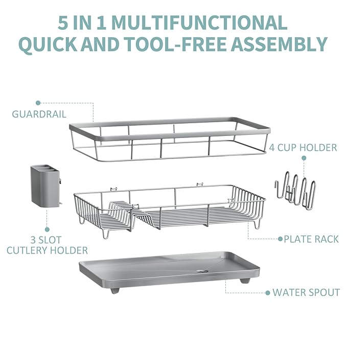 Dish Drying Rack for Kitchen Counter, Large Dish Racks with Drainboard, Kitchen Sink Dish Strainer Rack, Countertop Dish Drainer Rack with Cup & Utensil Holders, Dish Dryer Rack Large Size Gray