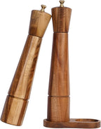Salt and Pepper Grinder Set with Tray, Adjustable Ceramic Grinder Salt Mill, Stainless Steel Grinder Pepper Mill, Acacia Wood, 32 cm / 12 inch Height, Bottom Dia 6 cm (Tray is Included)