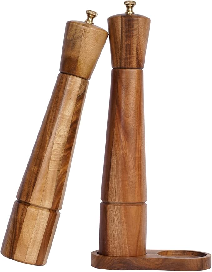 Salt and Pepper Grinder Set with Tray, Adjustable Ceramic Grinder Salt Mill, Stainless Steel Grinder Pepper Mill, Acacia Wood, 32 cm / 12 inch Height, Bottom Dia 6 cm (Tray is Included)