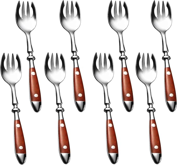 Sporks, 8-Pack Stainless Steel Sporks, 6.9 Inches Salad Forks and Spoons with Wood Grain Bakelite Handle For Dessert, Ice Cream, Salad, Soup, Noodle, Spaghetti, Dishwasher Safe