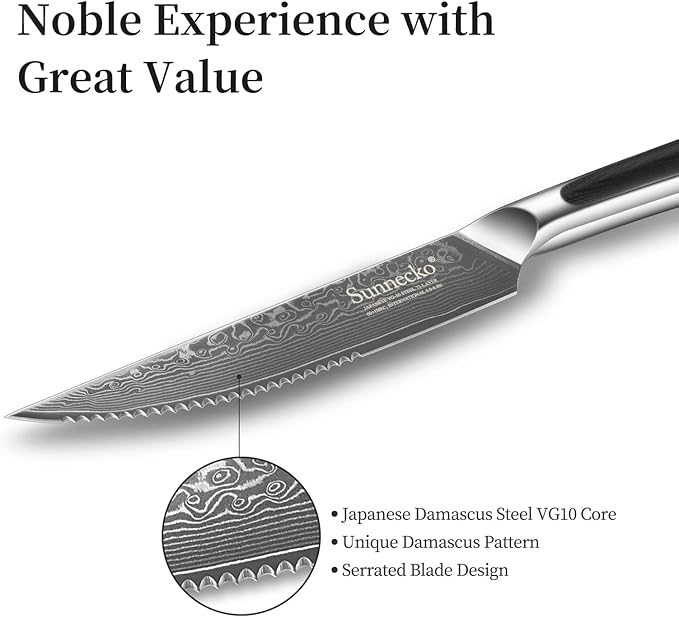 Sunnecko Damascus Steak Knives Set of 4 Serrated, Japanese VG10 Stainless Steel Steak knives Dishwasher Safe, 5 Inch Steak Knives G10 Handle with Gift Box