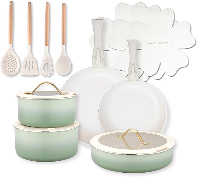 20pcs Ceramic Cookware Set Nonstick, Detachable Handle Pots and Pans Set, Non Toxic,No PFAS & PTFE & PFOA, Dishwasher/Oven Safe, RV Kitchen Set Removable Handle for Cooking, Green
