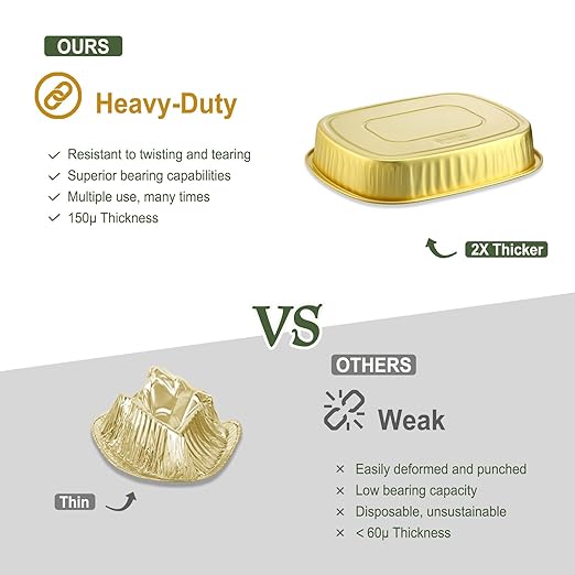 Oval Aluminum Foil Pans with Snap-On Lids (5 Pack) | 2X Thicker Heavy Duty Reusable Container 50oz for Take-Out (Gold)