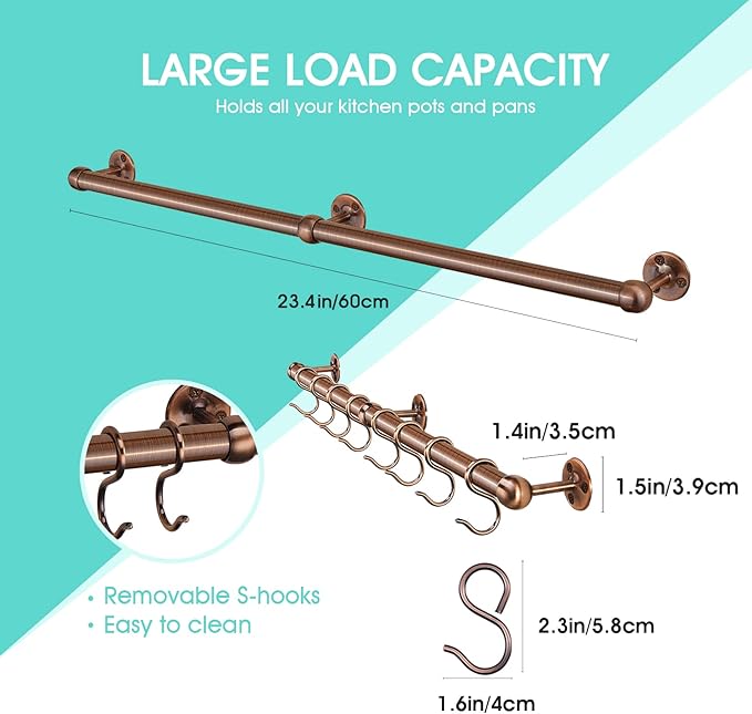 ROTHLEY Stainless Steel Pot and Pan Hanger: 23.7 Inch Wall Mounted Hanging Pots and Pans Rack with Hooks (Antique Copper)