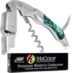 Hicoup Wine Opener - Professional Corkscrews for Wine Bottles w/Foil Cutter and Cap Remover - Manual Wine Key for Servers, Waiters, Bartenders and Home Use - Stainless Steel With Jade Resin Inlay