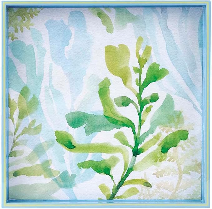 Sea Kelp 15inch Square Lacquered Wooden Serving Tray with Handles, Coffee Table Ottoman Tray for Dining. for Food, Drinks, Cocktail, Great for Parties, Entertaining & Gift