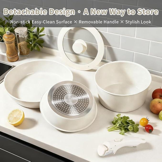 7-Piece Detachable Handle Non-Stick Cookware Set,with Beige Granite Texture Pots And Pans Set With Resistant to High Temperatures, Oven Safe, PFAS Free