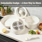 7-Piece Detachable Handle Non-Stick Cookware Set,with Beige Granite Texture Pots And Pans Set With Resistant to High Temperatures, Oven Safe, PFAS Free