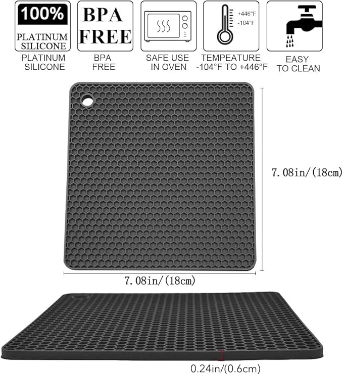 Silicone Trivets for Hot Pots and Pans, Multi-Purpose Trivet Mat for Hot Dishes Set of 4, Heat Resistant Durable Flexible Silicone Pot Mat for Countertop, Easy to Wash and Dry, Dark Gray, Square