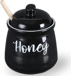 HAOTOP Farmhouse Porcelain Honey Jar with Dipper and Lid Set 12oz,Easy to Clean (Black)