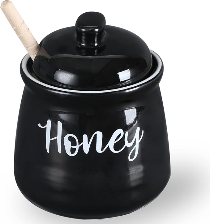 HAOTOP Farmhouse Porcelain Honey Jar with Dipper and Lid Set 12oz,Easy to Clean (Black)