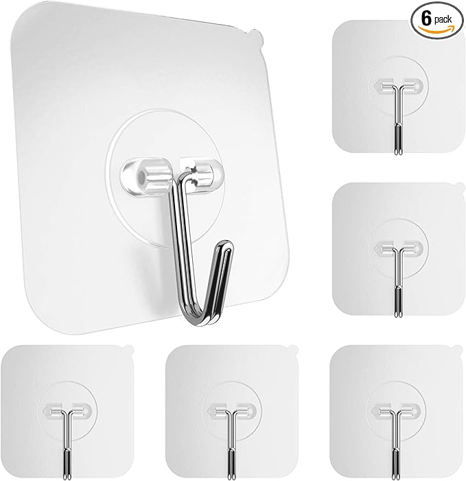 GLUIT Adhesive Wall Hooks for Hanging Heavy Duty 22 lbs Hooks for Walls No Damage, Towel Sticky Clear Hook, Waterproof, Home, Bathroom, Kitchen, Office, and Outdoor 6 Pack