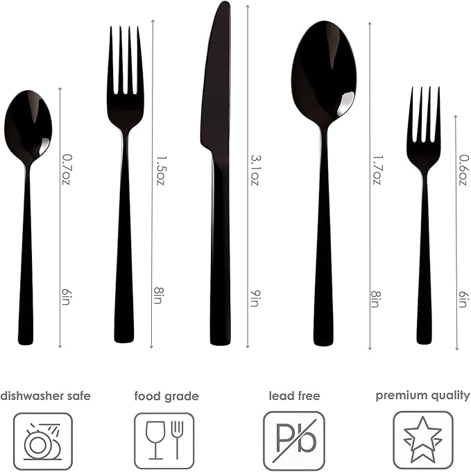 Oxford Silverware Set, 30 Piece Forged Flatware Stainless Steel, Service for 6, for Kitchen, Home, Wedding, Party, Mirror Polished Dishwasher Safe (Black Matte)