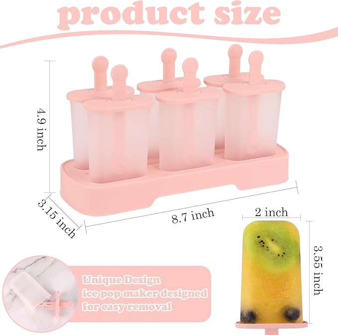 WMKGG Popsicles Molds Set, 6 PCS Ice Pop Mold,Homemade Ice Cream Mould with Sticks, Popsicle Maker(Pink)