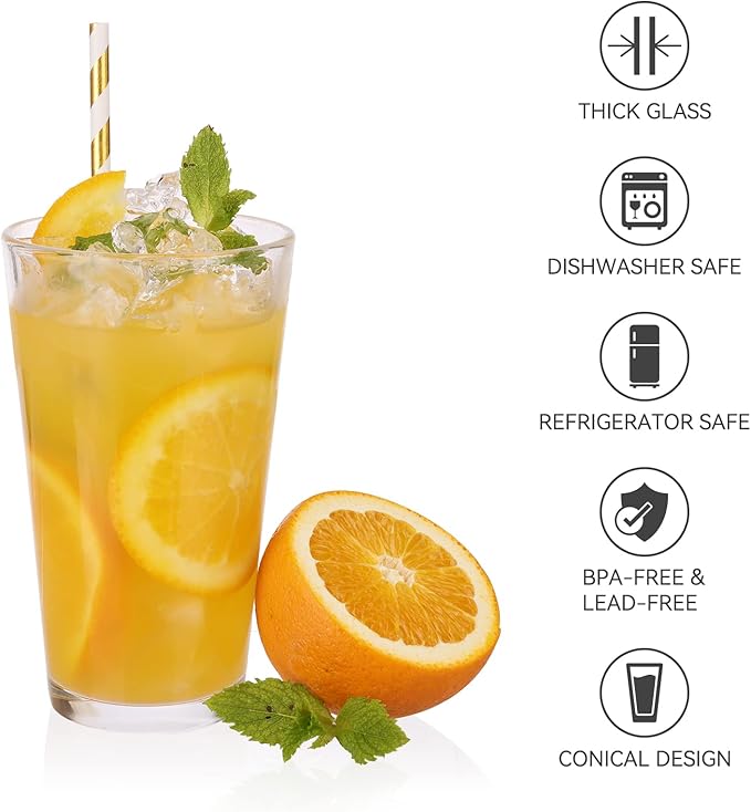 CUCUMI 8pcs 16oz Beer Pint Glasses, Drinking Glasses Set of 8 Highball Glasses Water Cups for Cold Beverages