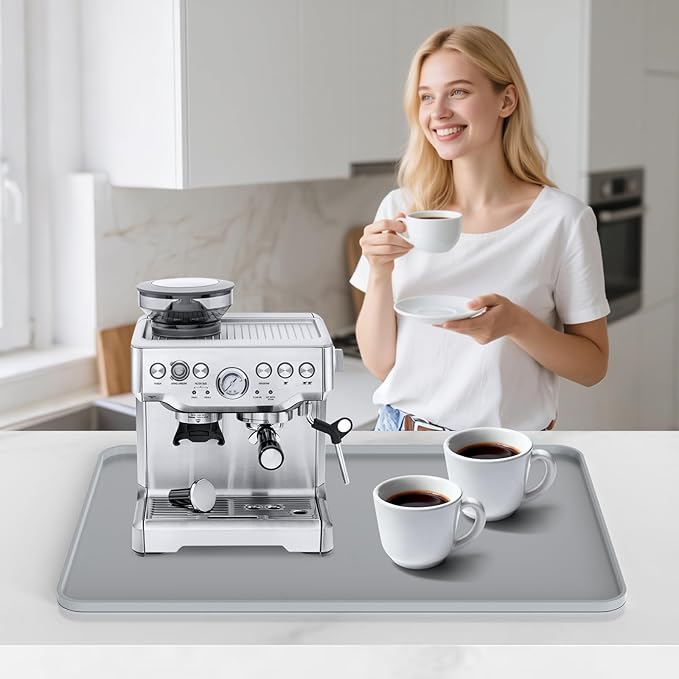 Silicone Coffee Mat,24"×16" Waterproof Heat Resistant Bar Mat for Espresso Machine Station Accessories,Non Slip Dish Drying Mat for Kitchen Counter,Home Decor Essentials,Grey