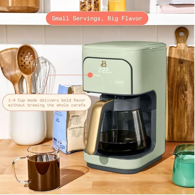 Beautiful 12-Cup Programmable Coffee Maker with Touch Activated Display, Auto Brew Timer, Reusable Filter & Large Glass Carafe (Sage Green)