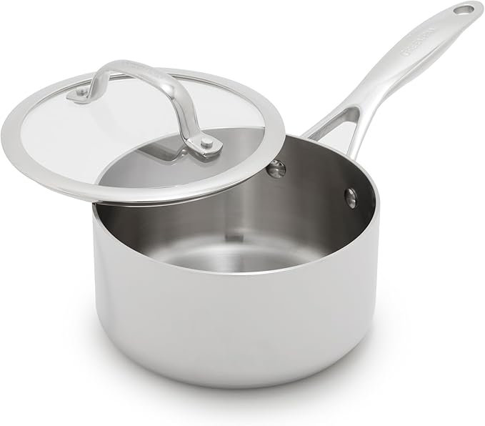 GreenPan Valencia Tri-Ply Stainless Steel 1.6QT Sauce Pan with Lid, Induction Ready, Mirror Finish, Dishwasher Safe & Oven/Broiler Safe to 600F, Compatible with All Cooktops, Chefs Cooking Pot