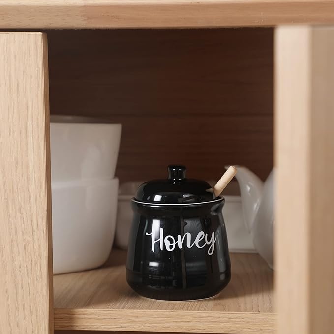 HAOTOP Farmhouse Porcelain Honey Jar with Dipper and Lid Set 12oz,Easy to Clean (Black)