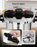 Pressure Cooker Stainless Steel 6.3 Quart,Olla De Presion For 2-3 People[Glass Lid & Steamer Rack Included][Press To Open][Compatible With Induction And Gas Stovetops]