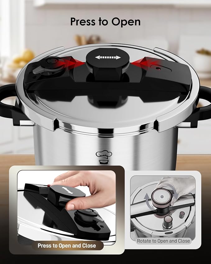 Pressure Cooker Stainless Steel 6.3 Quart,Olla De Presion For 2-3 People[Glass Lid & Steamer Rack Included][Press To Open][Compatible With Induction And Gas Stovetops]
