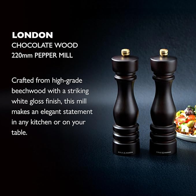 Cole & Mason London Refillable Spice Mill - Kitchen & Home Accessory - Table Black Pepper Grinder - Pepper Mill with Carbon Steel Mechanism - 8", Chocolate Wood