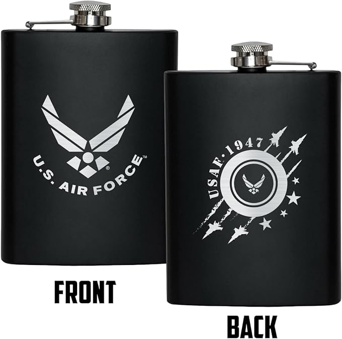 US Air Force 8 oz Flask | Stainless Steel Hip Flask for Liquor | Great USAF Gift Idea for Veterans | USAF 8oz Black Flasks