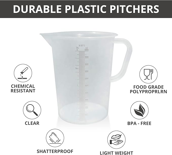 Appletofu Plastic Graduated Measuring and Mixing Pitcher - 2000ml Plastic Graduated Measuring Pitcher - Large Cylinder Graduated Measuring Container with Handle and Pour Spout - 2 Liter